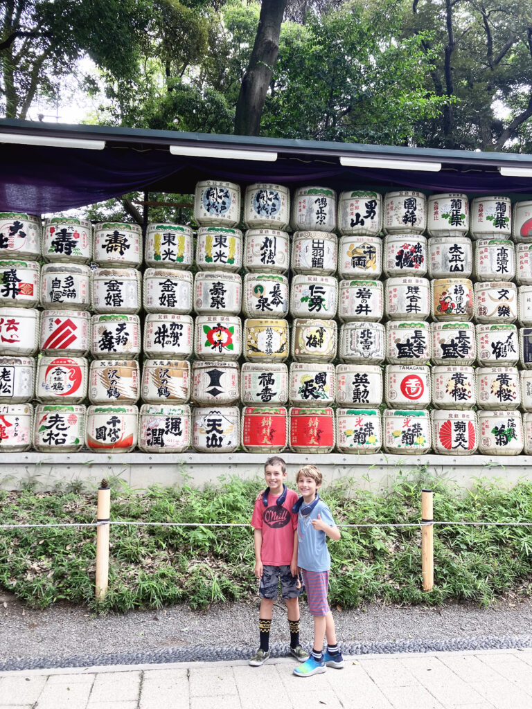 kids at sake barrels at Meiji Jingu Shrine Tokyo 