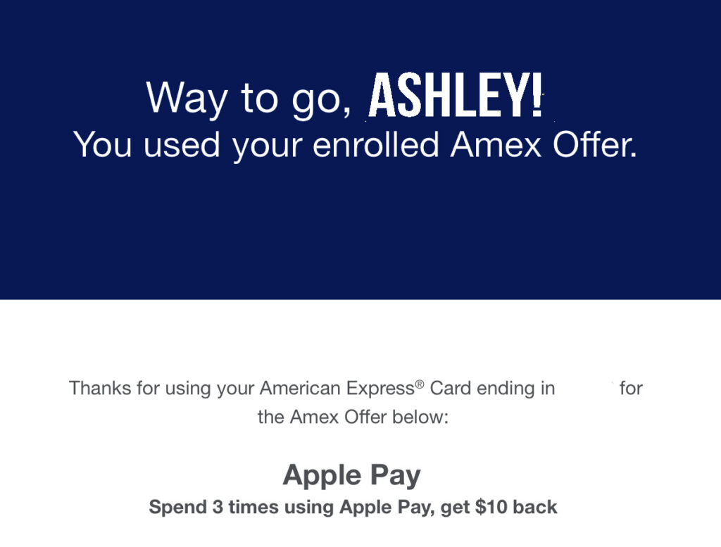 confirmation of using amex offer