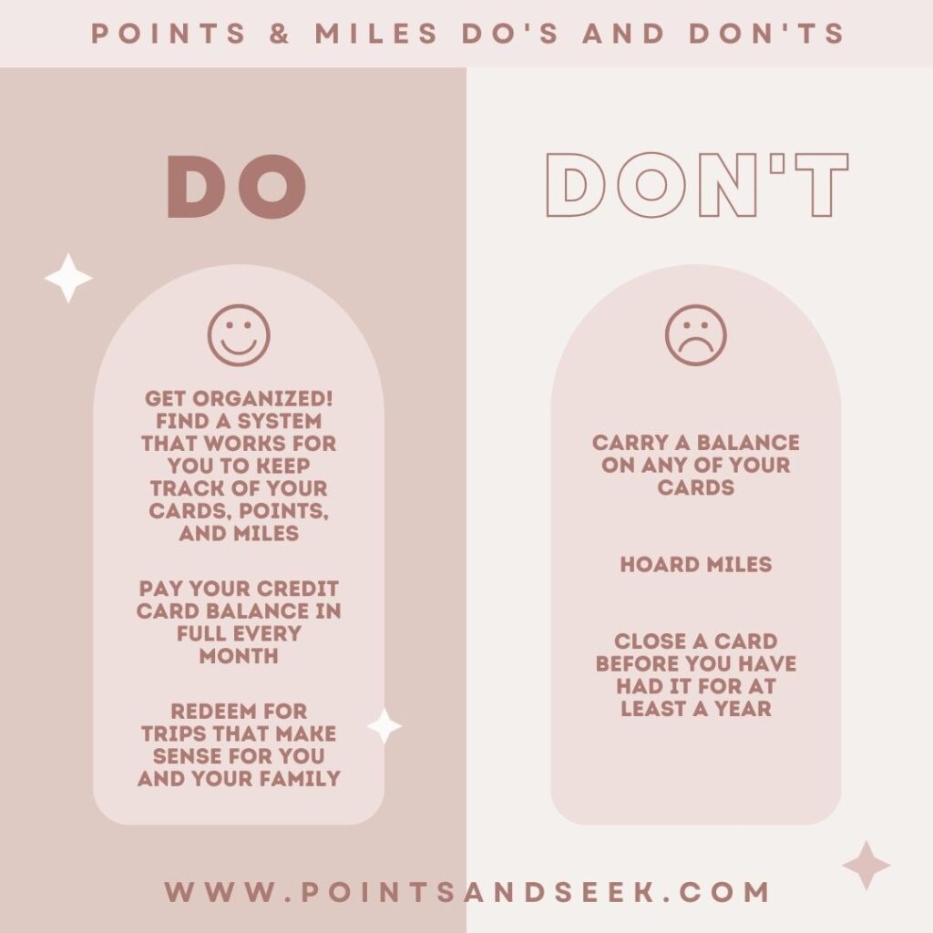 a chart of the do's and don'ts when getting started in travel hacking